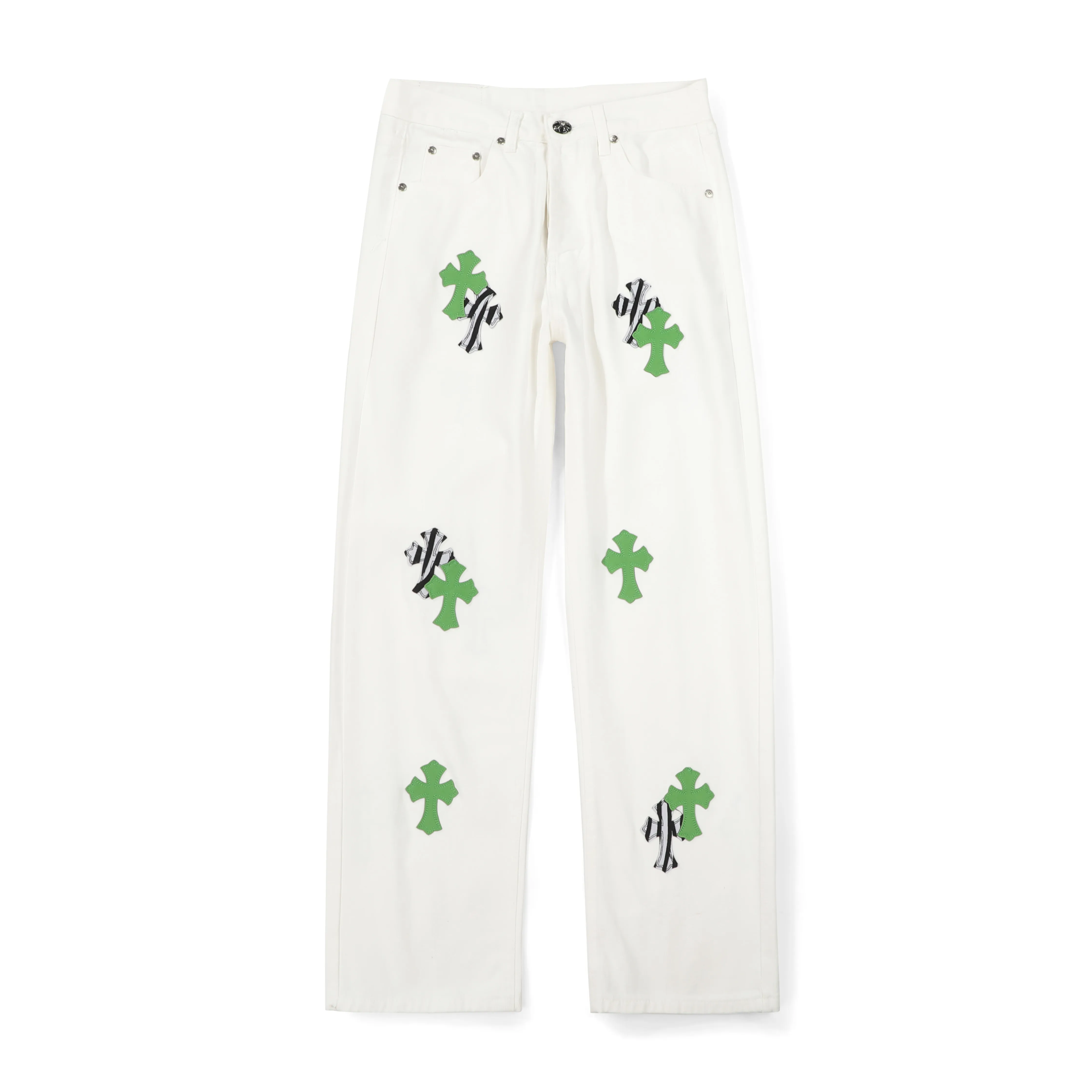 P250 Chrome Hearts CH Miami white and green limited edition cross patch leather jeans. Original purchased and printed. Really restores the ultimate texture of Vintage. Special Italian cowhide print and cut. Customized sheepskin three-layer thick line leather. The whole body is spliced in heavy water washing process. Craftsmen hand-splash ink. You can see the details. Three-dimensional cutting version. Loose and comfortable. Not picky on the figure. Makes you taller and slimmer. Factory Seiko. Original quality control. Same style for men and women. Can be matched with couples. Versatile recommendation. Necessary jeans for all seasons Color: white and green Size: S-XL (corresponding to 28-34)
